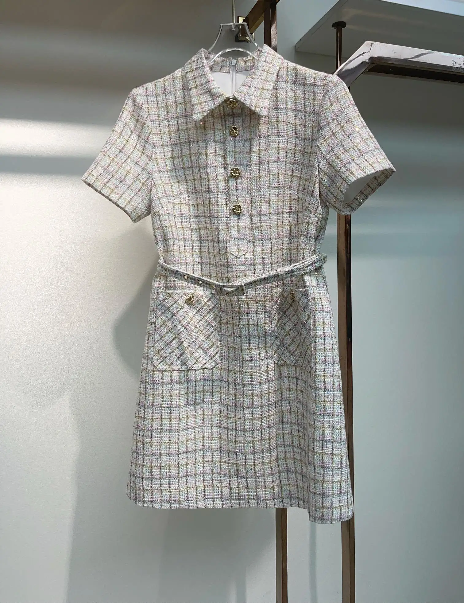 

2022 new women fashion short sleeve lapel colorful sequin belt woolen dress 0727