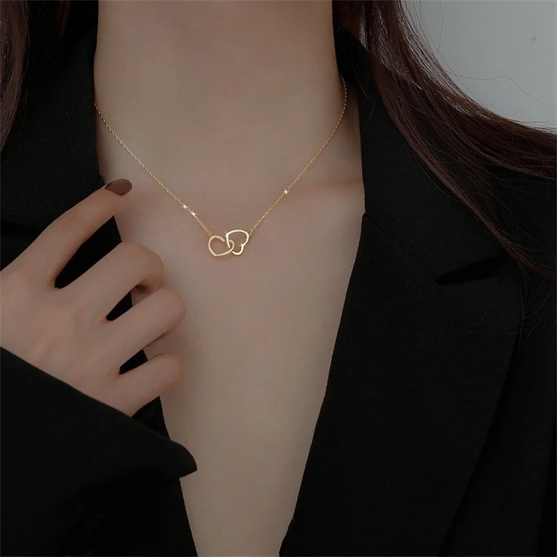 

Korean Fashion Double Heart Choker Necklace Women Personality Silver Color Clavicle Chain Necklace Wedding Jewelry Birthday Gift