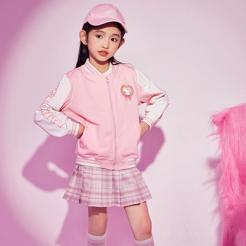 Kawaii Hellokitty Girls Cute Coat 2023 Spring Sanrio New Girls Cartoon Embroidery Knitted Baseball Jacket Baby Sportswear