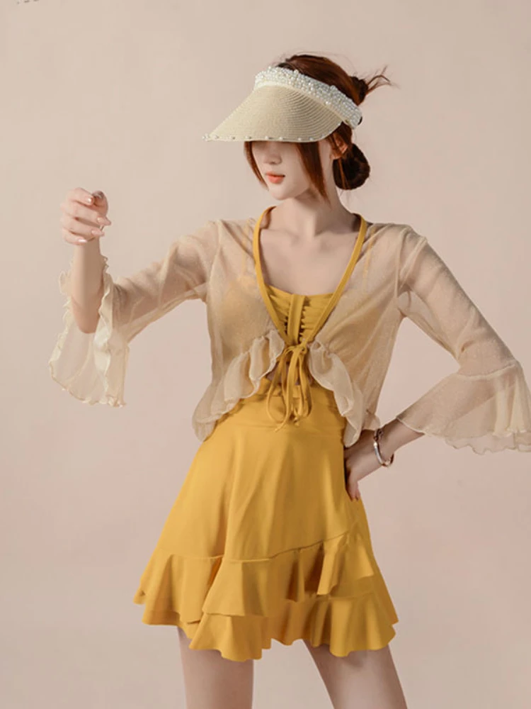 

Hot Spring Swimsuit Conservative Cover Belly Female Long Sleeves Sunscreen Korean Skirt Sexy 2022 New Bathing Suit 2 Piece Women