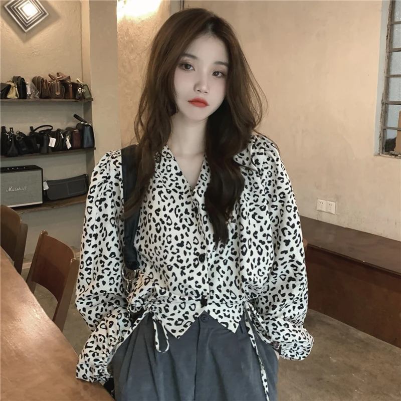 

Leopard Print Shirt Women Crop Tops 2022 New Spring Autumn Designers Blouse French Vintage Short Tops Female Shirts Dropshipping