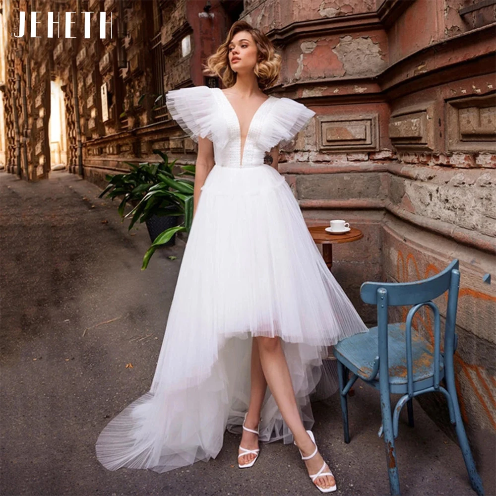 

JEHETH Fluffy V Neck High Low Tulle Backless Wedding Dresses A-Line Pleated Bridal Party Gowns Princess vestidos de novia فستان