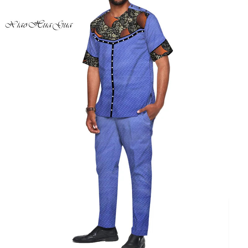 African Design Clothing Casual Men Jacquard Top Shirts and Pants Sets Bazin Riche Print Pearls 2 Pieces WYN722 | Тематическая