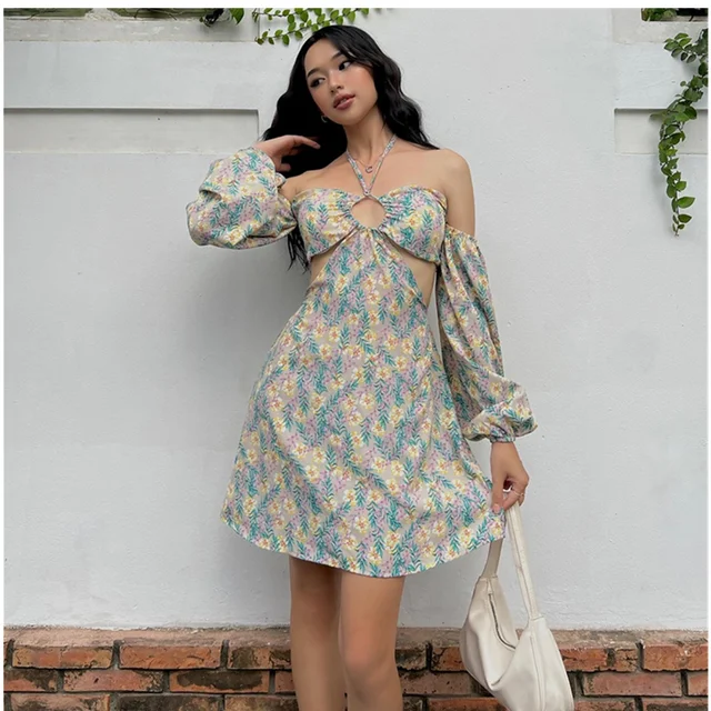 European and American Ins Sexy Hollowed-out Back Pleated Panel Off-shoulder Bubble Sleeve Floral Temperament Dress Women 2023New 4