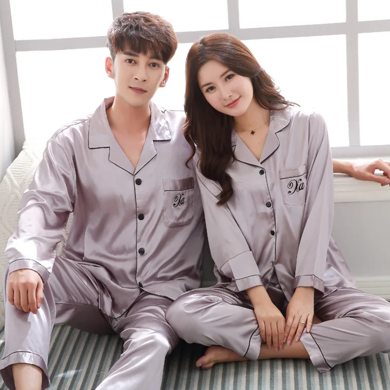 Solid Color Sleepwear Silk Satin Pajamas Couple Set Long Button-Down Pyjamas Suit Pijama Women Men Loungewear Plus Size Set