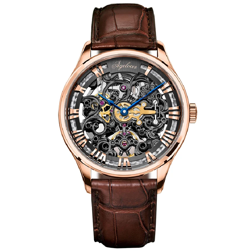 

AGELOCER Black Skeleton Men Watch Leather Sport watches Power Reserve 80H Clock Wristwatch Relogio Masculino