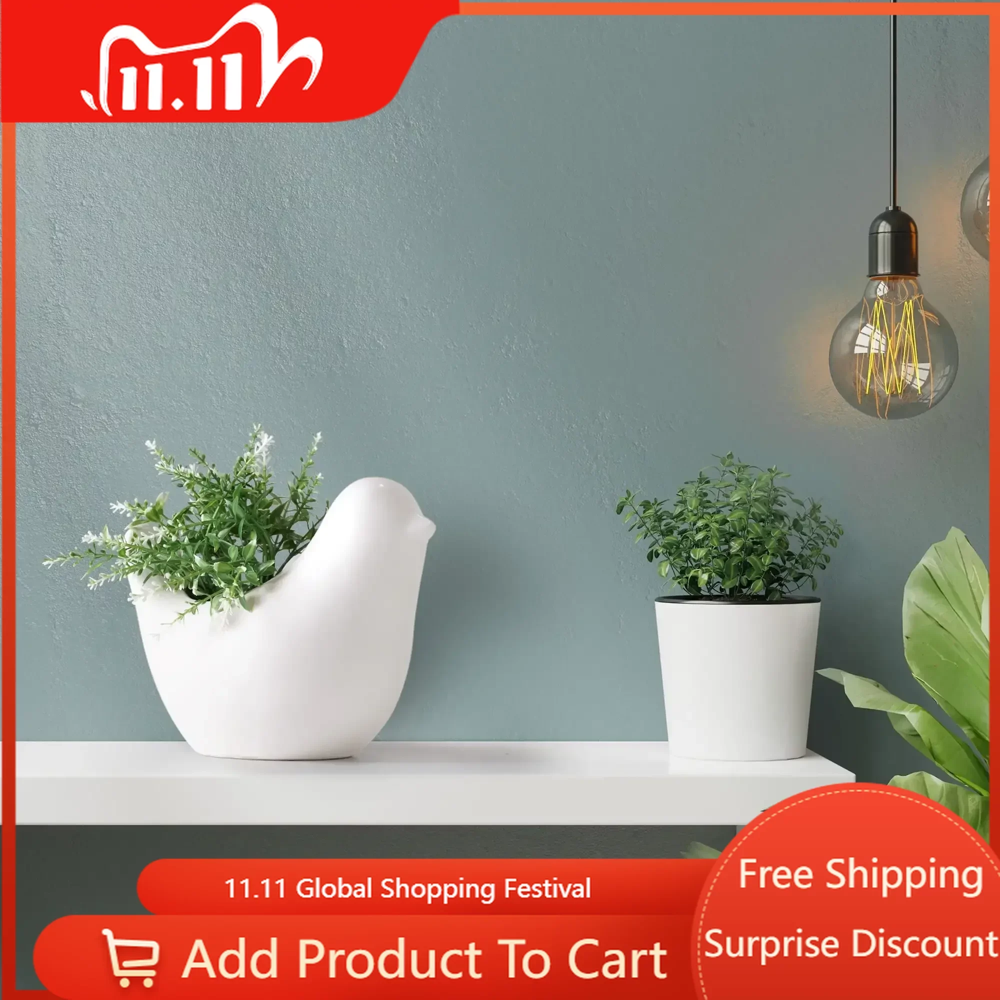 

Free Shipping Indoor Artificial Green Garland Plant with White Dove Ceramic Farmhouse Vase 6" x 7.25" x 5.25"