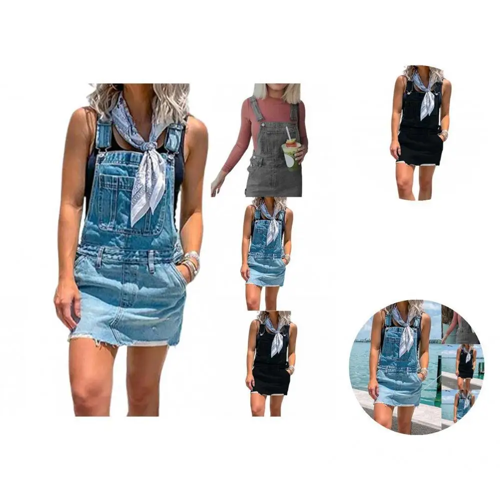 

Breanthable Fashion Sleeveless Bib Blue Denim Dress Comfy Denim Dress Straight for Holiday