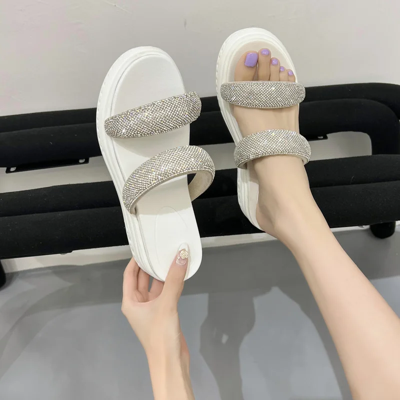 

Fashion Crystal Wedge Sandals Woman Summer Chunky Platform Women's Slippers 2022 Thick Sole Gladiator Shoes Female Flip Flops
