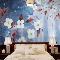 nordic retro flower photo oil painting blue wallpaper mural living room tv sofa background home decor wall paper papel de parede