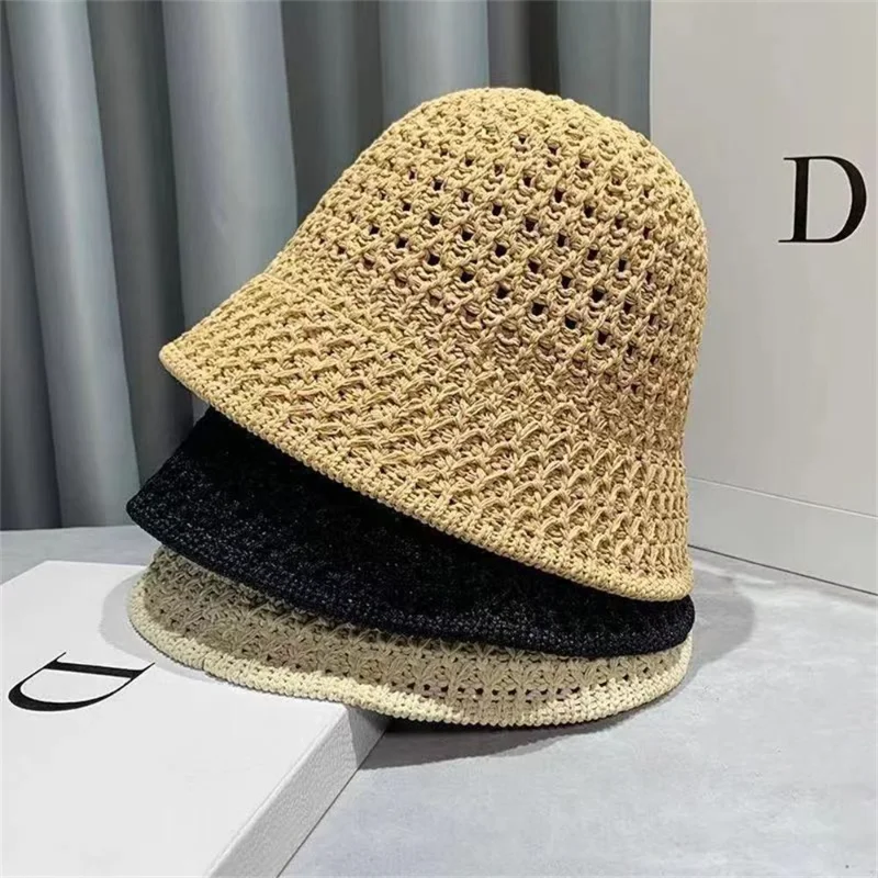 

Spring Summer Bucket Hat Women Men Fashion Hollow Knitted Hat Solid Color Sunhat Fisherman Caps Casual Foldable Beach Caps