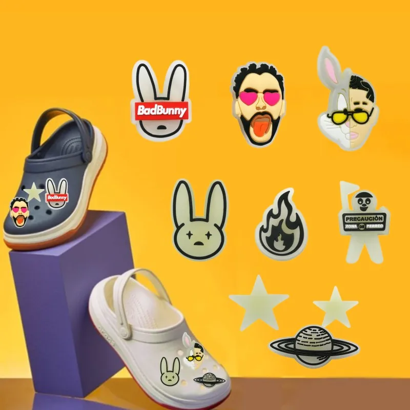 

1-9pcs Bad Bunny Shoe Charm Glowing in Dark Clog Charm Light Up Accessories for Croc Shoes Puerto Rico Latin Singer Wholesale