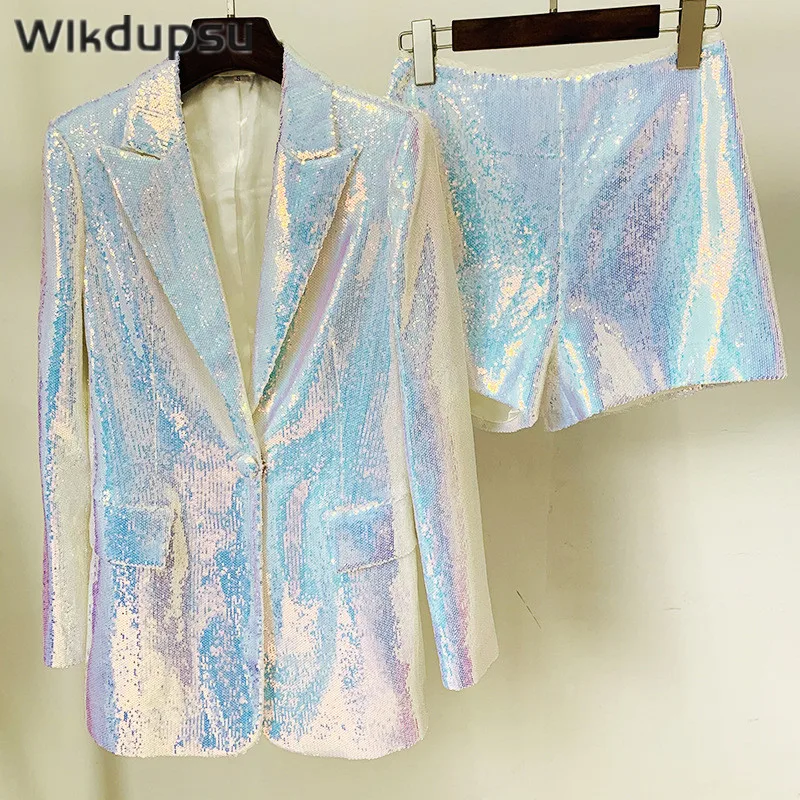 

Блестящий пиджак с блестками и шорты с высокой талией, комплект из двух предметов, женская одежда для сцены вечерние, ночного клуба, дискотеки, блестящая одежда