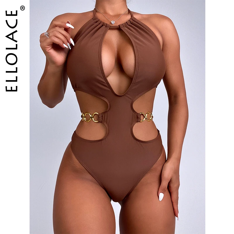 

Ellolace Swimsuit One Piece Sexy Halter Midriff Swimwear Bodysuit Lace Up Cut Out Bathing Suit Padded 2022 New Beach Wear