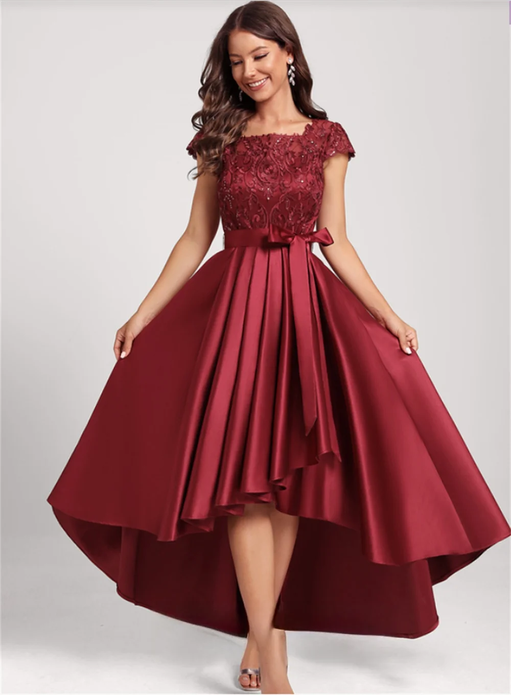 

A-Line Princess Belt Pure Color Square-Neck Ankle-Length Applique Sequins Ladies Formal Prom Evening Party Dresses Short Sleeves