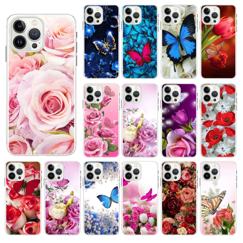 

Red butterfly roses flower Phone Case For iphone 13 12 11 Pro Max Case For iphone XS MAX X XR SE2 8 7 Plus case