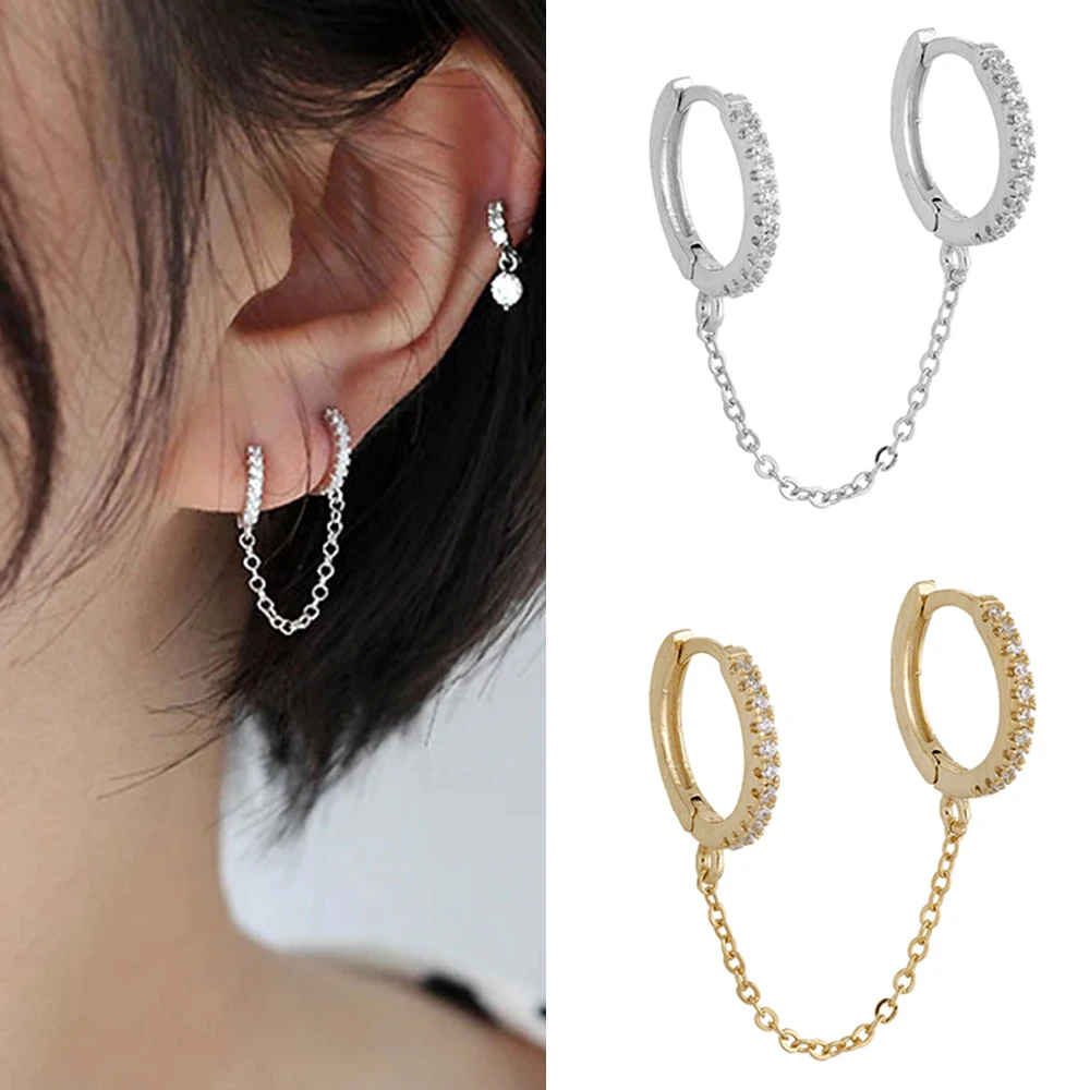 

Unisex Simple Crystal Zircon Double Ear Pierced Earrings Women Men Punk Styles Long Chain Hoop Earring Party Jewelry Girl Gifts