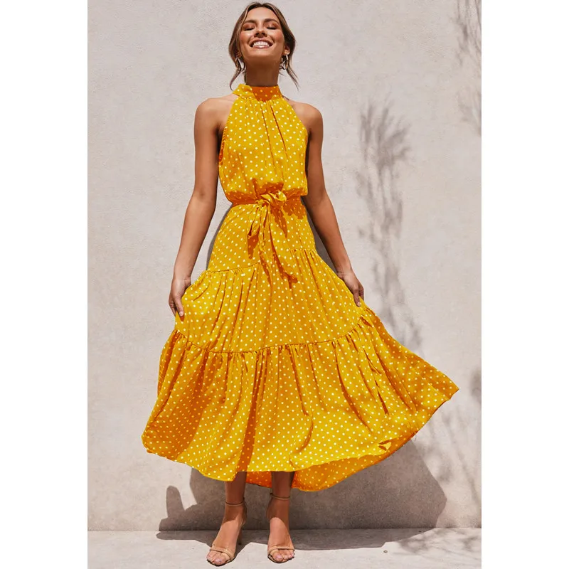

Polka Dot Print Women Bohemian Maxi Dress Halter Neck Summer New Female Sexy Sleeveless Long Sashes Dresses vestidos mujer 2022