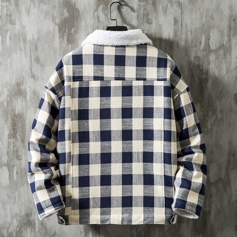 Plaid Thickened Imitation Lamb Wool Warm Jacket Korean Version Fashion Loose Plus Fat Plus Size Plus Velvet Winter Coat Men