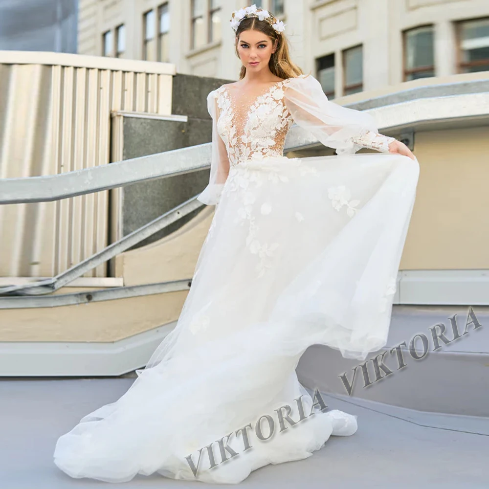 

VIKTORIA Fancy 2023 Wedding Dresses Beaded Puff Sleeves V-neck For Bride A-LINE Appliques Women Vestidos De Novia Made To Order