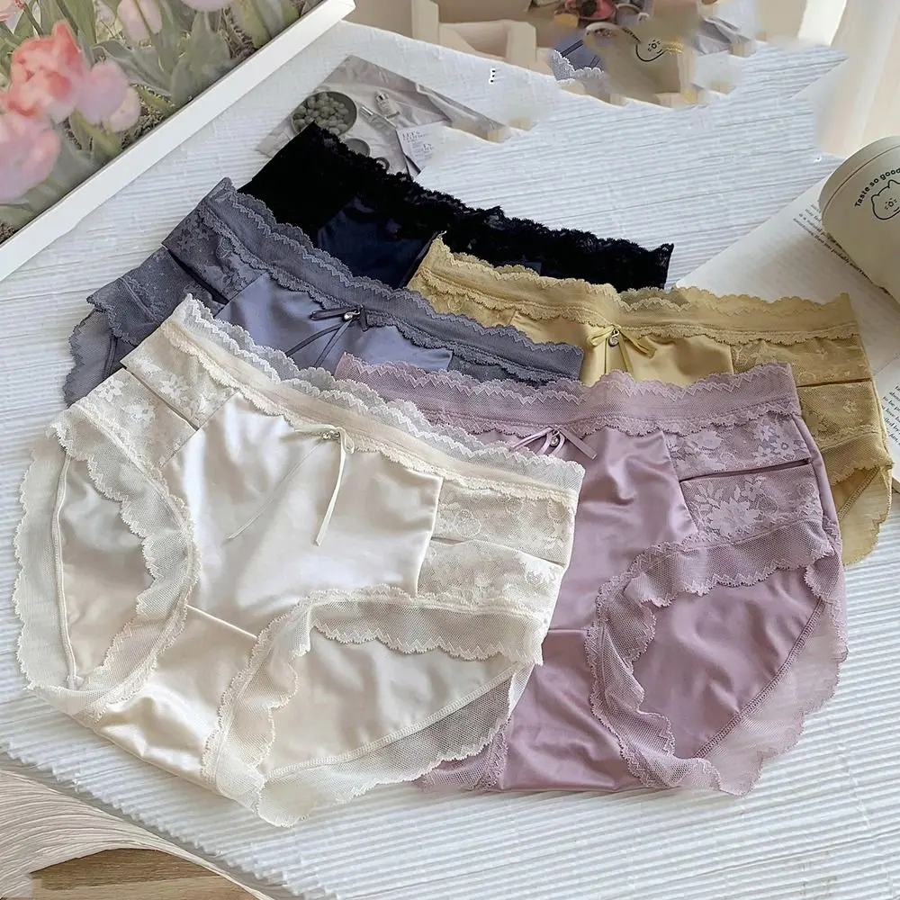 

Breathable Middle Waist Briefs For Women Bow Satin For Girl Lace Panties Women Thong Female Lingerie Traceless Panties