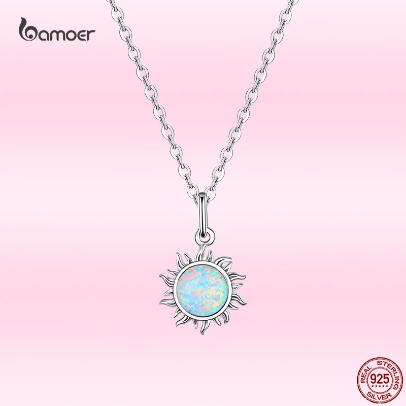 

Bamoer 925 Sterling Silver Dazzling Sun Ladies Pendant Necklace Fine Opal Wedding Couple Confession Jewelry gift for Girl GXN399