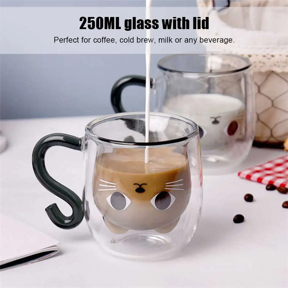

250ml Creative Double Wall Glass Mug Cute Cat Shape Coffee Mug Milk Beer Juice Beverages Cup with Cover Household Office