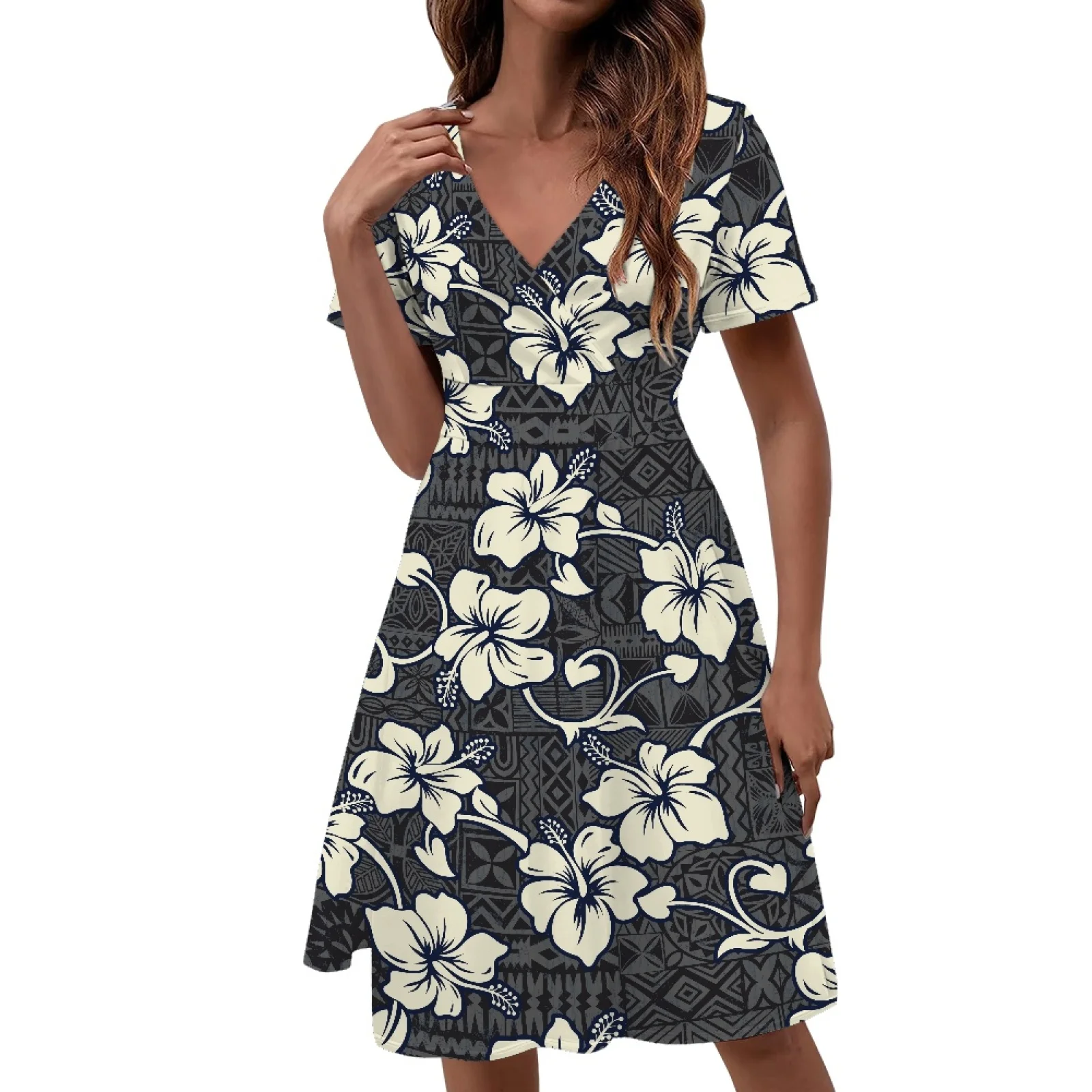

Polynesian Tribal Pohnpei Totem Tattoo Prints Formal Occasion Women's Clothing Elegant V-neck Short Sleeve Knee-Length Dress