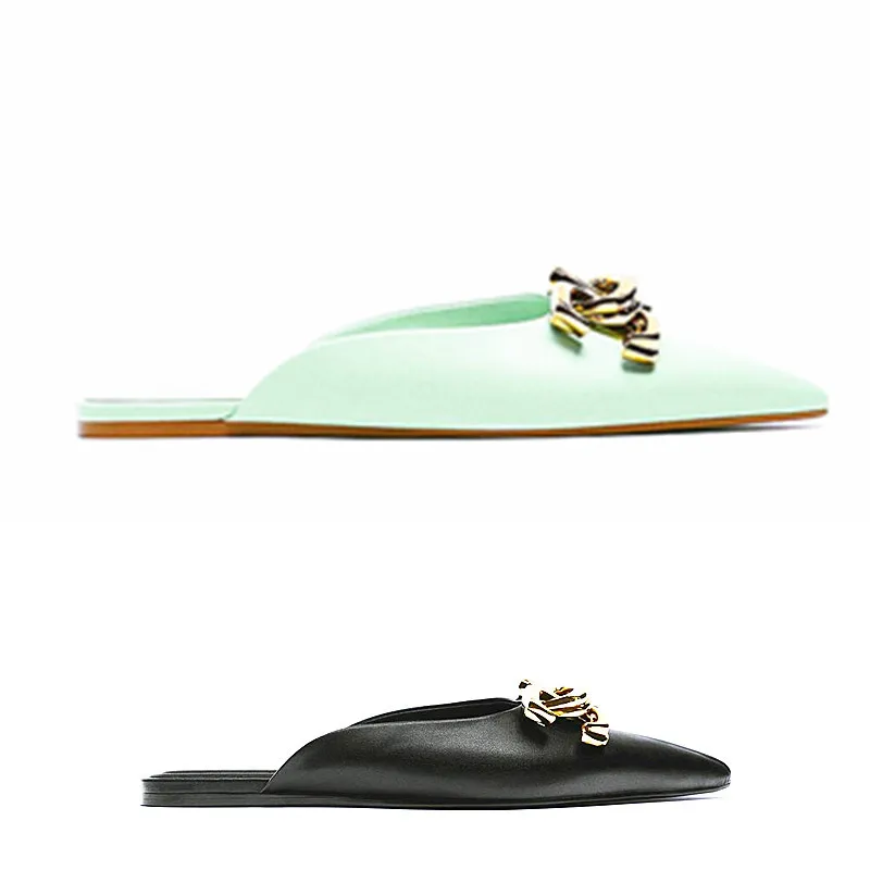 

2021 Summer New Pointed Temperament Half Slippers Female Metal Decoration Flat Sandals and Slippers Lazy Flat Mules