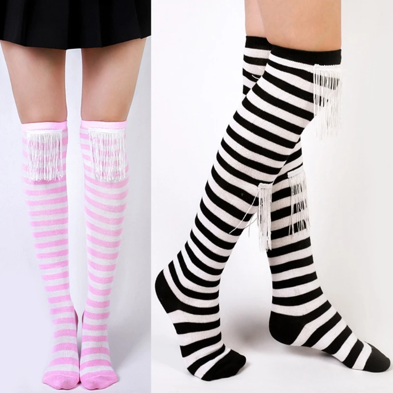 

Women Over Knee Long Socks Tassels Patchwork Christmas Party Striped Stockings