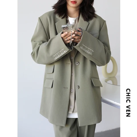 CHICVEN  Women Office Lady Blazer Cuff Embroidery Wide Shoulder Twill Suit Women's Autumn Ladies Outerwear  Stylish Tops