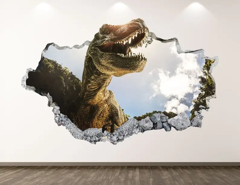 

Dinosaur Wall Decal - Wild Animal 3D Smashed Wall Art Sticker Kids Room Decor Vinyl Home Poster Custom Gift KD63