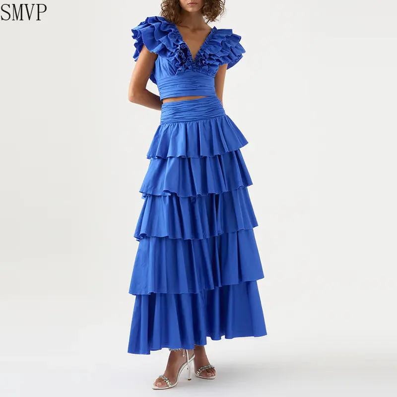 

2023 Summer New Women's Fashion High Class V-neck Pleated Lace Short Top High Waist Cake Skirt Set of Two Skirt Sets