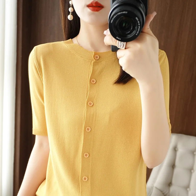 Ice silk knitted short-sleeved cardigan women's short summer western style full with short ice silk linen tops outer wear women