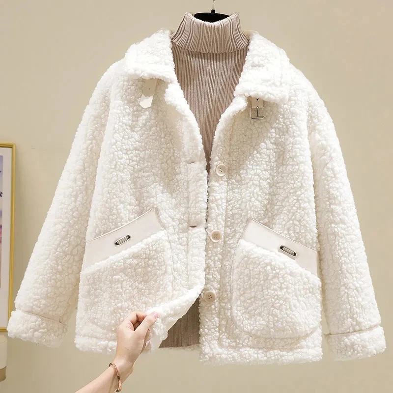 Faux Fur Coat Womens 2022 New Autumn Winter Korean Fashion Loose Thick Warm Grain Velvet Imitation Lamb Plush Fur Jacket Women