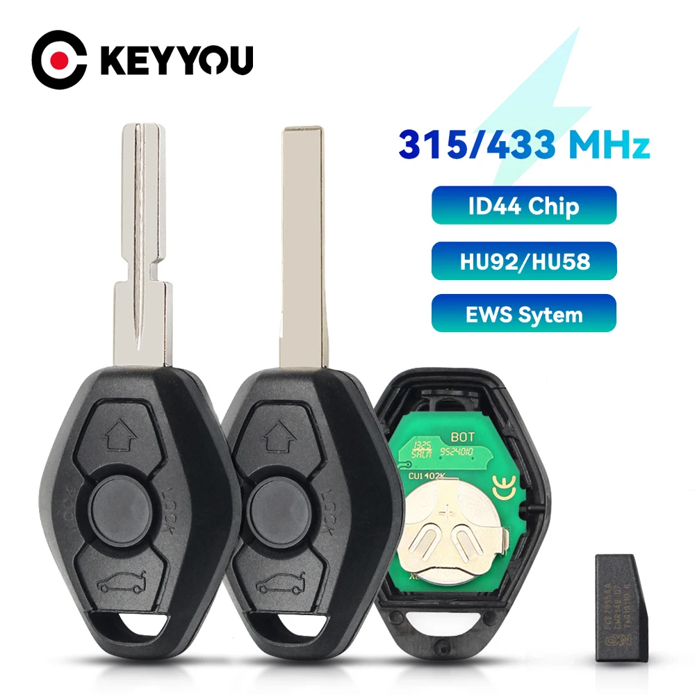 KEYYOU Remote Car Key For BMW EWS X3 X5 Z3 Z4 3 5 7 Series E38 E39 E46 Fob 3 Buttons Transmitter HU92 Blade ID44 Chip 315Mhz