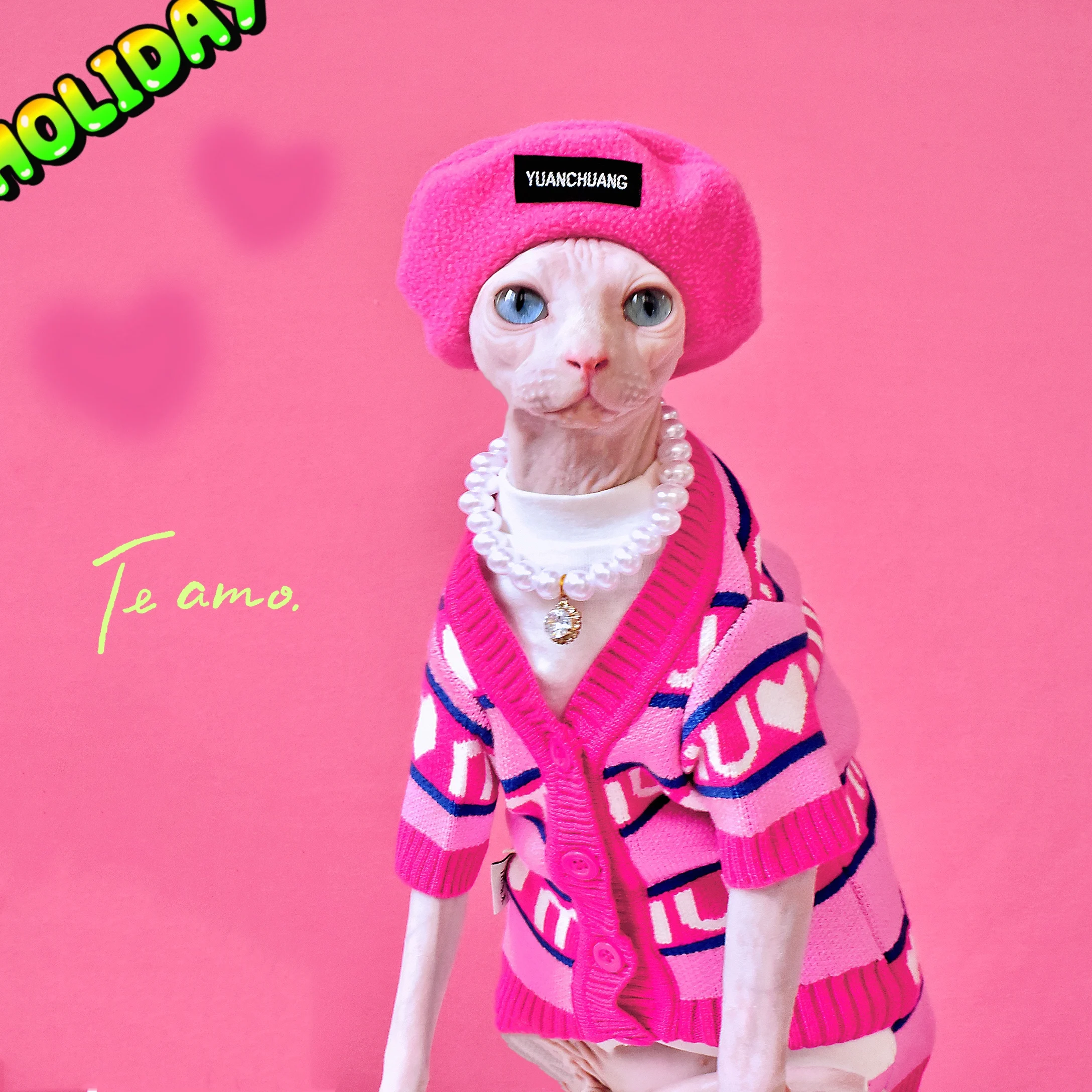 Chic Pink Lady  Pet Clothes for Hairless Cat Outfits Devon Rex Conis Cat Kitten Sweater Autumn Winter Spinx Cat Costume Sphynx