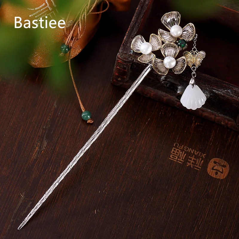 

Bastiee S925 Hmong Sterling Silver Hairpin Hetian Jade Pearl Personality Butterfly Antique Hair Fork Hanfu Acessorios