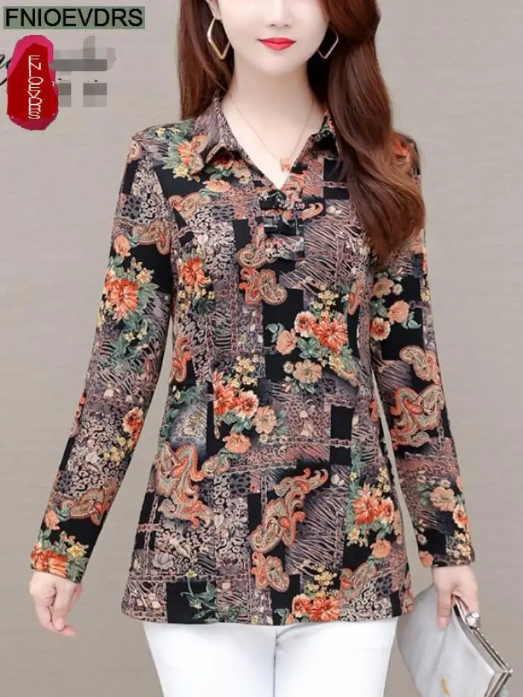 

2022 Fall Autumn Women Elegant Office Lady Vintage Loose Peplum Tops Cotton Flower Floral Printing Long Tunic Basic Shirt Blouse