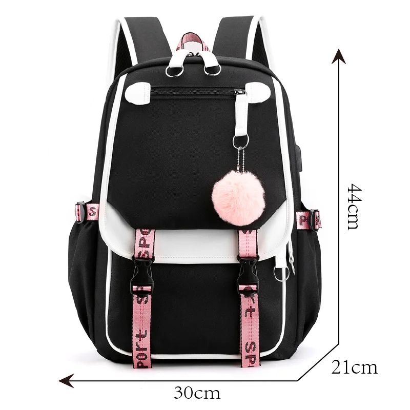 Pink Teen School Backpack Large School Bags for Teenage Girls USB Port Canvas Schoolbag Student Book Bag Fashion Black