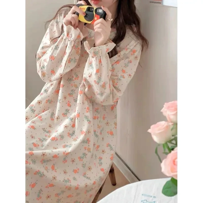 

Yasuk Spring Autumn Women Casual Lovely Sweet Girl Pullover Nightdress Nightgown Pajamas Flower Gentle Lotus Sleeves Lace Soft