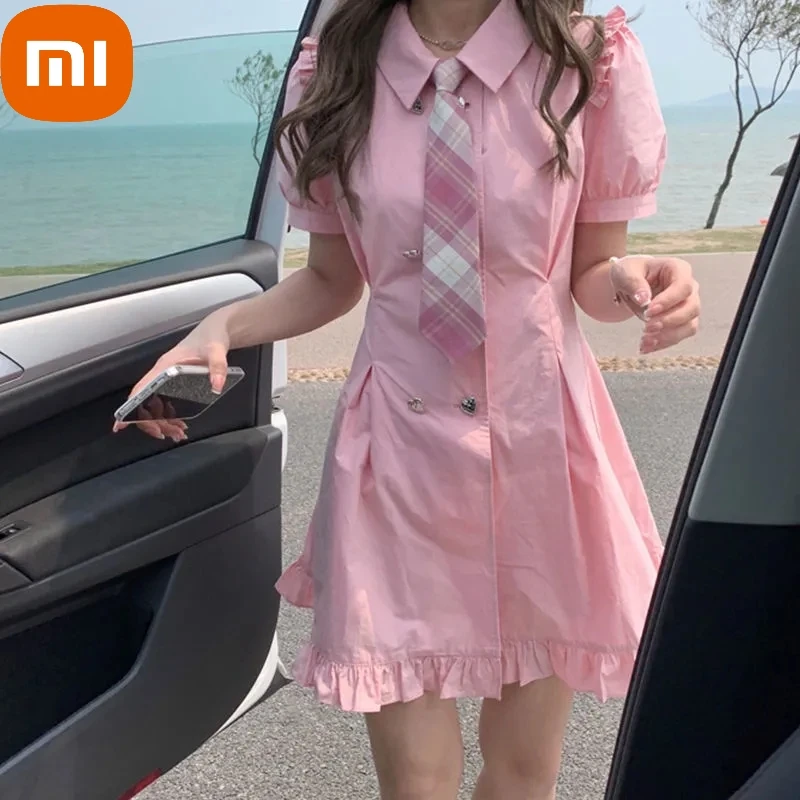 

Xiaomi 2022 Summer Puff Short Sleeve Dress Women Solid Sweet Waist Mini Dresses Ruffles Design Japanese A-line Botton Dress
