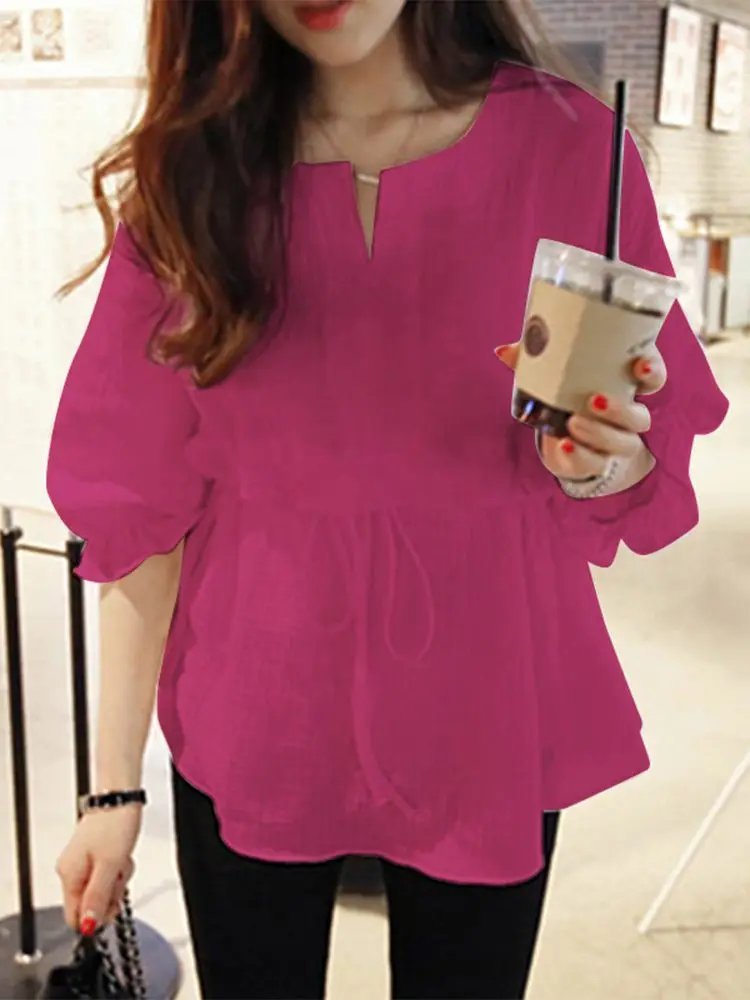 Блузка ZANZEA женская с пышными рукавами модный однотонный топ на завязках