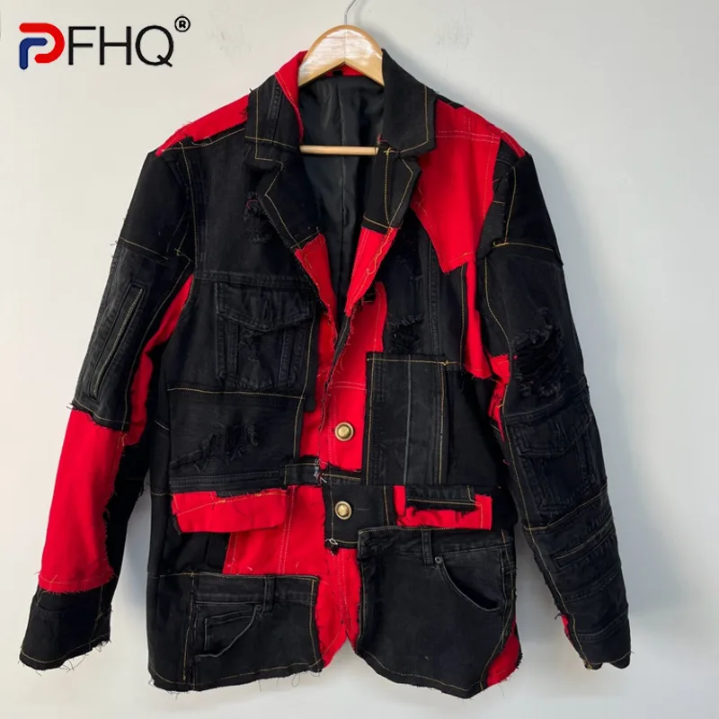 

Мужские дестроченные джинсовые куртки PFHQ, только XL, контрастные цвета, дизайнерские осенние блейзеры с несколькими карманами 21Z2671