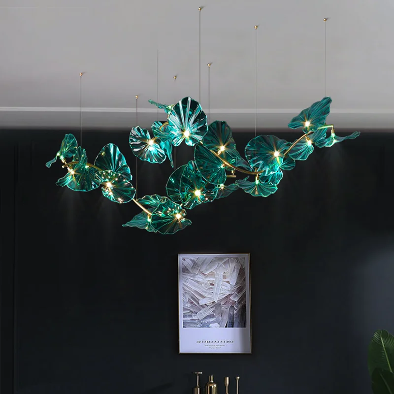 

Led Art Chandelier Pendant Lamp Light Designed Green Glass Leaves Island Hotel Restaurant Hanging Ceiling