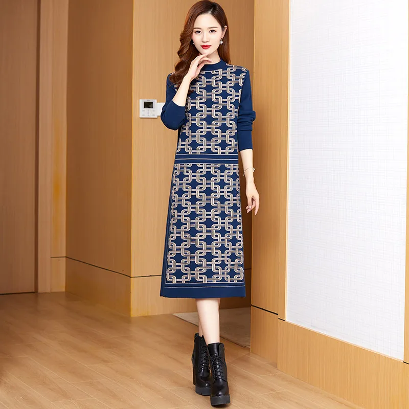 

Women's Red Wool Knitted Dress 2022 Autumn Winter Large Relaxed Tight Long Sleeve Knee Length Dress Casual Party Dress Women's