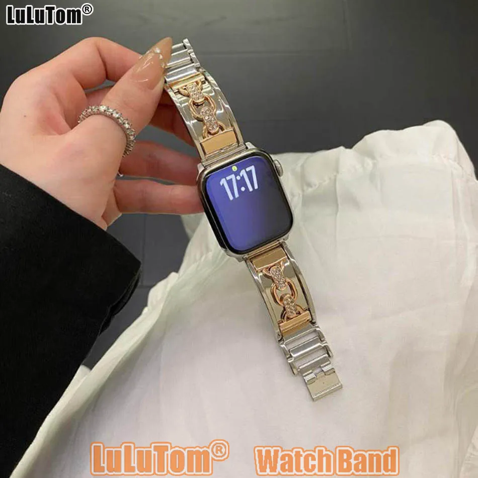 Фото Роскошный металлический ремешок-браслет с двойной петлей для Apple Watch, женский дизайнерский ремешок для часов 38–49 мм, серия 10 9 8 7 6 5 4 3 SE Ultr №1