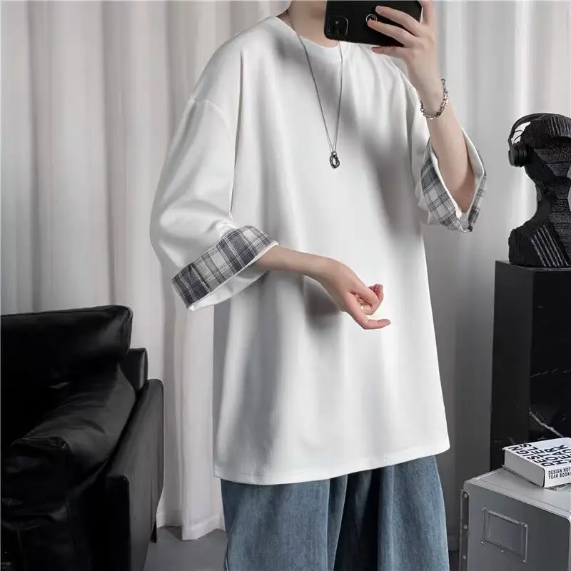 

Three quarter sleeve t-shirt men's summer short sleeve ins fashion brand loose clothes t-shirt men's 2022 new splicing top