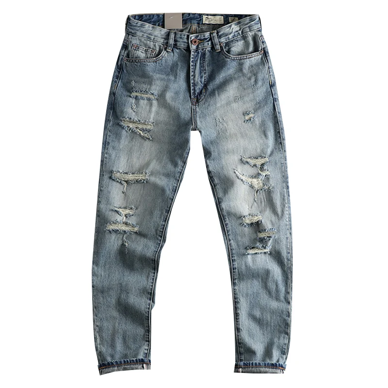 Retro trend heavy hole jeans men do old washed fabric comfortable Joker youth loose straight