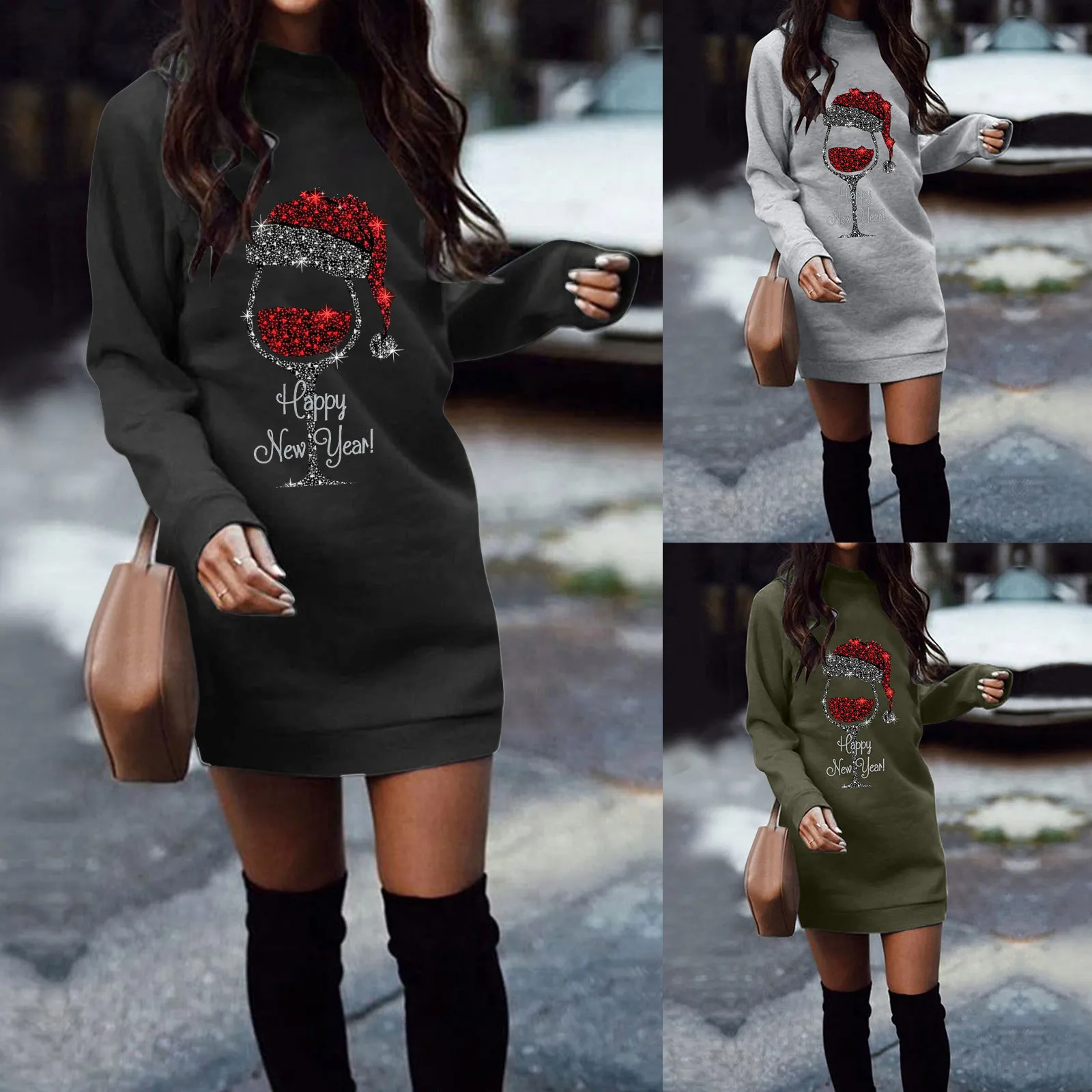 

Hoodless Dress For Women Dress Christmas Autumn And Winter Round Neck Long Sleeve Solid Color Summer Ruffle Dress
